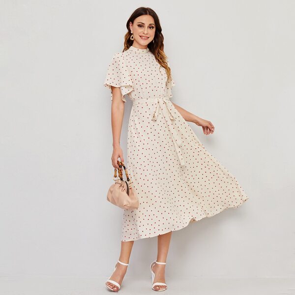 

Mock Neck Tie Back Flutter Sleeve Heart Print Dress, Apricot