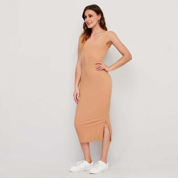 

Square Neck Split Side Dress, Coral orange