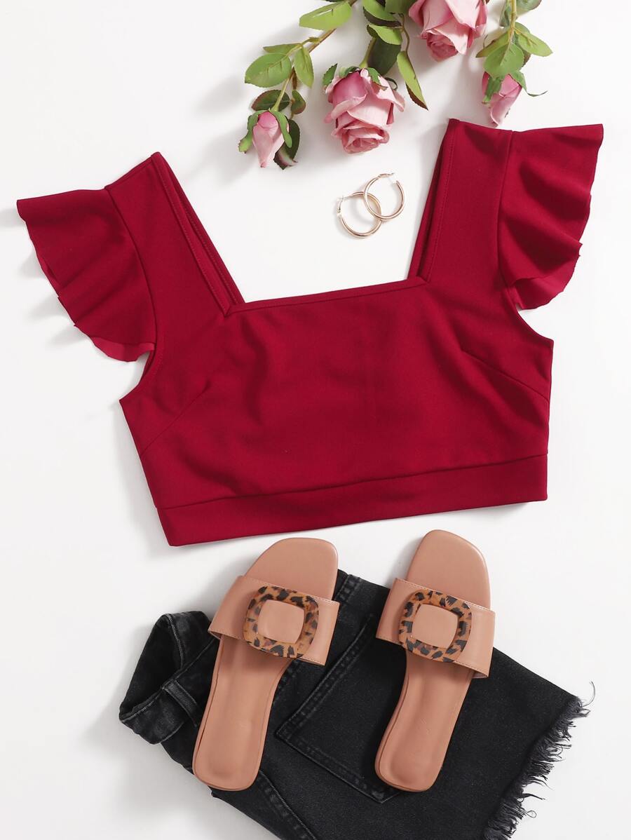 SHEIN X Sofía Suescun Square Neck Tie Back Ruffle Trim Crop Top - Burgundy - View 1