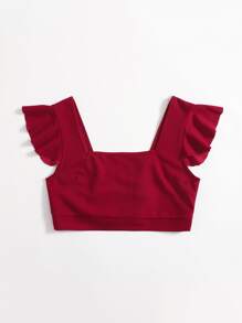 SHEIN X Sofía Suescun Square Neck Tie Back Ruffle Trim Crop Top - Burgundy - View 3