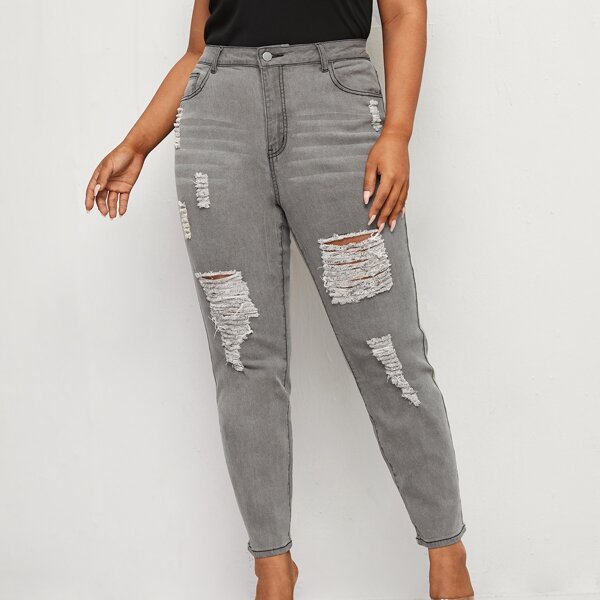 

Plus Distressed Skinny Jeans, Light grey