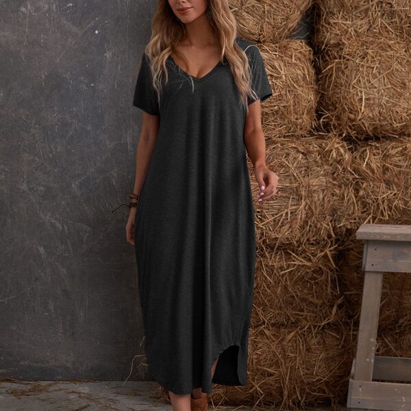 

Deep V-neck Slit Hem Solid Dress, Dark grey