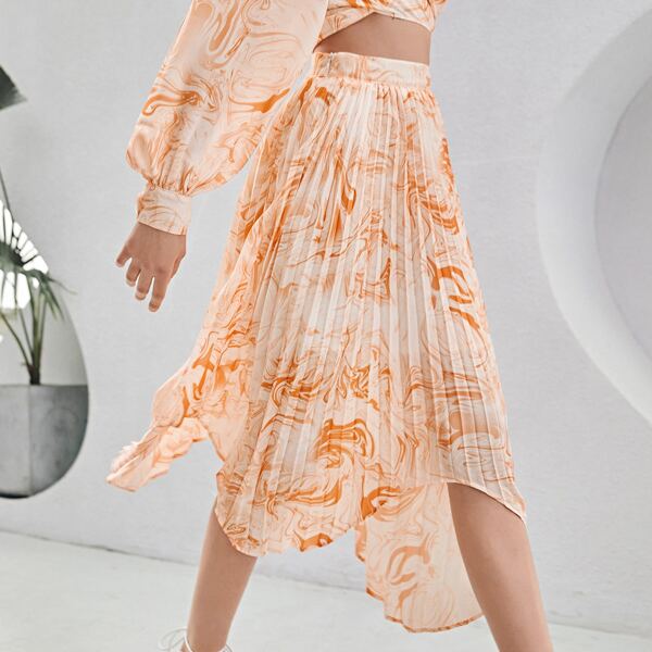 

Marble Print Asymmetrical Pleated Skirt, Orange