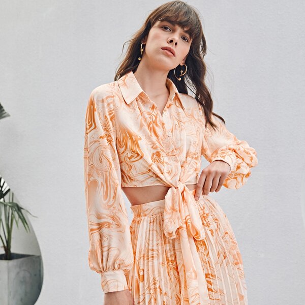 

Tie Hem Marble Print Blouse, Orange