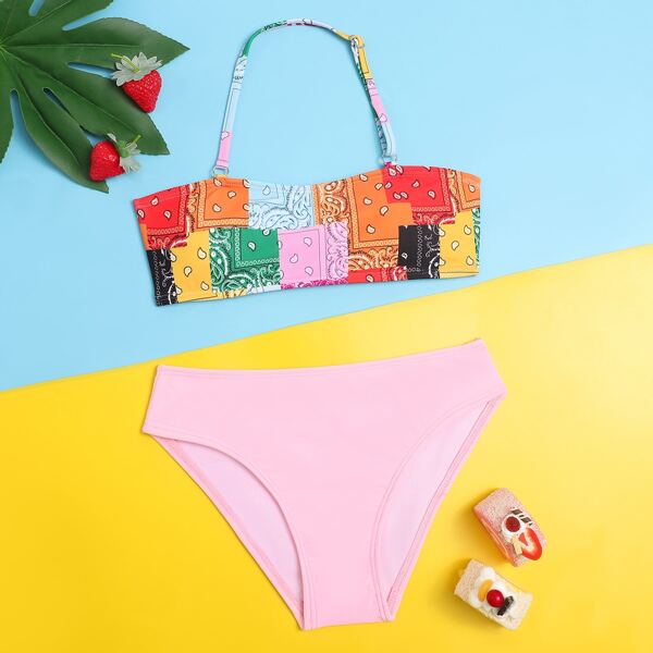

Girls Colorblock Halter Bikini Swimsuit, Multicolor