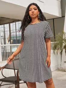 SHEIN Clasi Plus Houndstooth Print Dress - Black and White - View 1