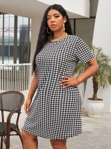 SHEIN Clasi Plus Houndstooth Print Dress - Black and White - View 3