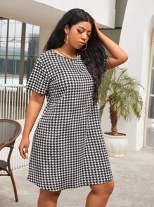 SHEIN Clasi Plus Houndstooth Print Dress - Black and White - View 4