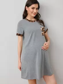 SHEIN Vestido De Camiseta De Manga Corta Dorado Con Bolsillo De Maternidad Y Diseño De Leopardo - Gris - Ver 1