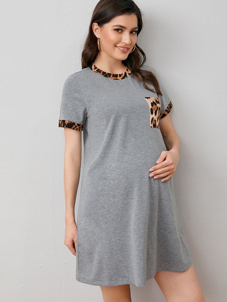 SHEIN Vestido De Camiseta De Manga Corta Dorado Con Bolsillo De Maternidad Y Diseño De Leopardo - Gris - Ver 1