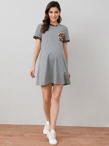 SHEIN Vestido De Camiseta De Manga Corta Dorado Con Bolsillo De Maternidad Y Diseño De Leopardo - Gris - Ver 3