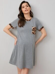 SHEIN Vestido De Camiseta De Manga Corta Dorado Con Bolsillo De Maternidad Y Diseño De Leopardo - Gris - Ver 5