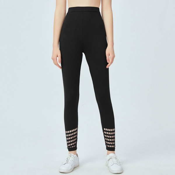 

High Waist Cut Out Hem Leggings, Black