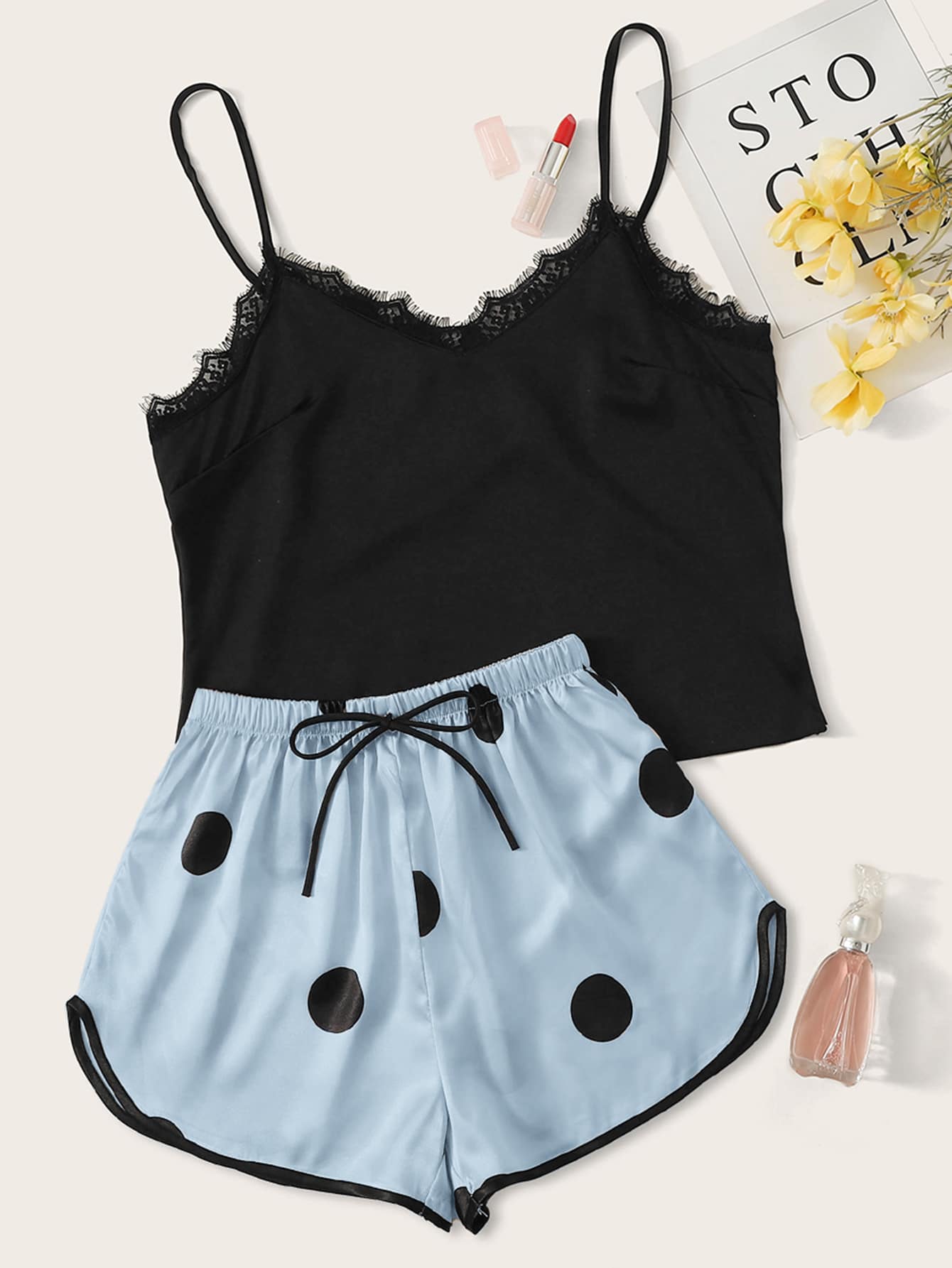 Plus Satin Polka Dot Lace Panel Cami PJ Set