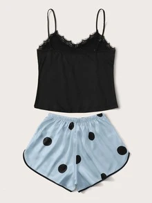 Plus Satin Polka Dot Lace Panel Cami PJ Set