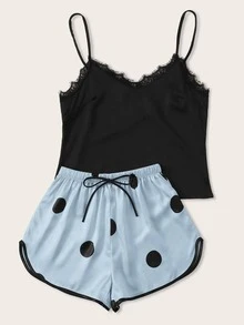 Plus Satin Polka Dot Lace Panel Cami PJ Set