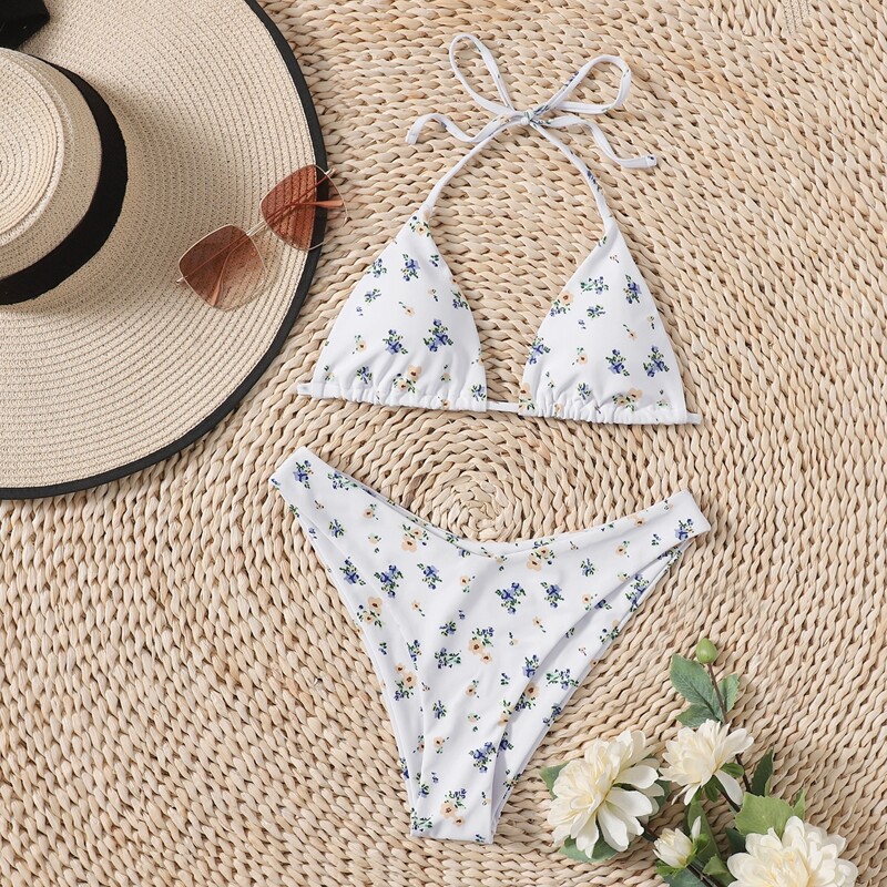 

Floral Triangle High Cut Bikini Swimsuit, White