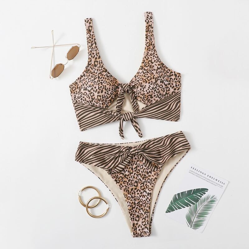 

Leopard & Zebra Striped Knot Bikini Swimsuit, Multicolor