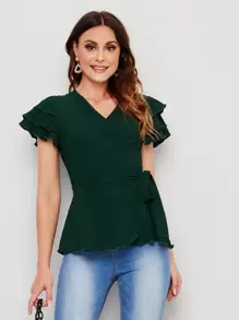 SHEIN Clasi 多層袖圍裹側繫帶襯衫 - 墨綠色 - 查看 3