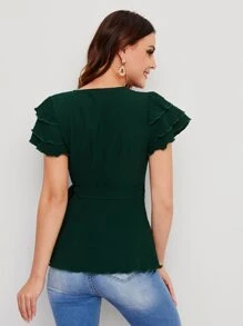 SHEIN Clasi 多層袖圍裹側繫帶襯衫 - 墨綠色 - 查看 2