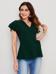 SHEIN Clasi 多層袖圍裹側繫帶襯衫 - 墨綠色 - 查看 4