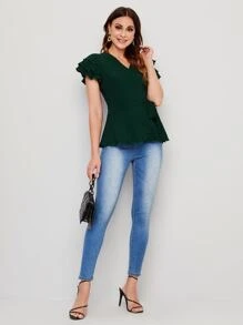 SHEIN Clasi 多層袖圍裹側繫帶襯衫 - 墨綠色 - 查看 5