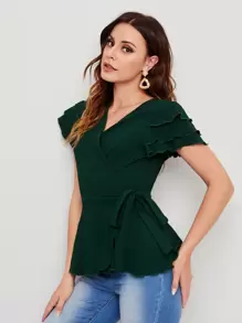 SHEIN Clasi 多層袖圍裹側繫帶襯衫 - 墨綠色 - 查看 1