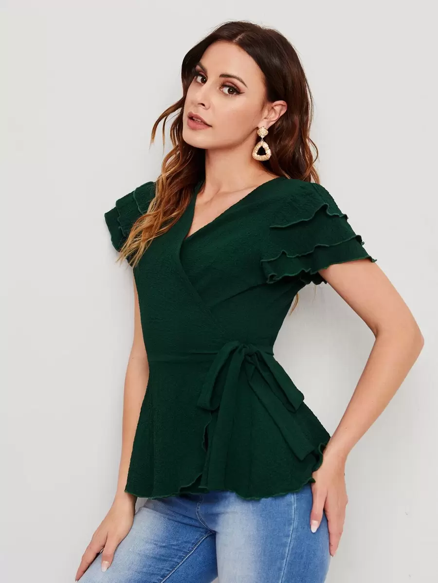 SHEIN Clasi 多層袖圍裹側繫帶襯衫 - 墨綠色 - 查看 1