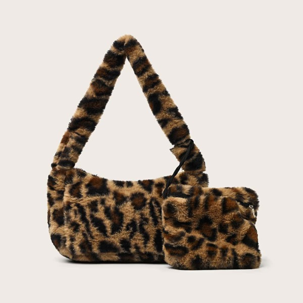 

Leopard Fluffy Baguette Bag With Purse, Brown