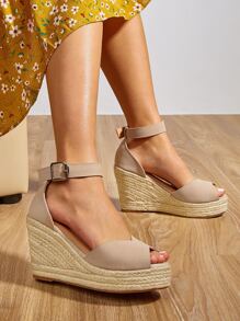 Peep Toe Ankle Strap Espadrille Wedge Sandals - Apricot - View 1