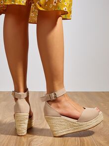 Peep Toe Ankle Strap Espadrille Wedge Sandals - Apricot - View 4