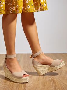Peep Toe Ankle Strap Espadrille Wedge Sandals - Apricot - View 5