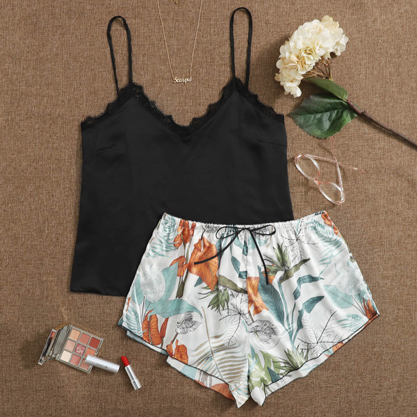 

Plus Satin Tropical Print Lace Panel Cami PJ Set, Multicolor