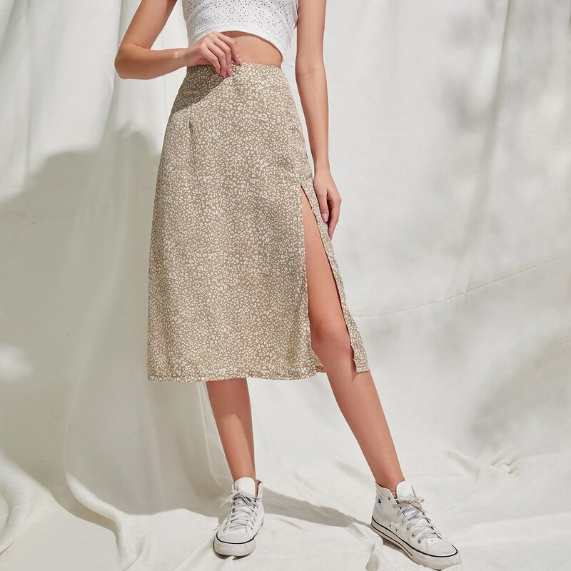 

Allover Print Split Midi Skirt, Multicolor
