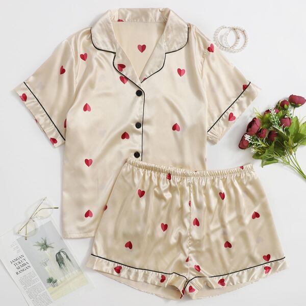 

Plus Satin Heart Print PJ Set, Apricot