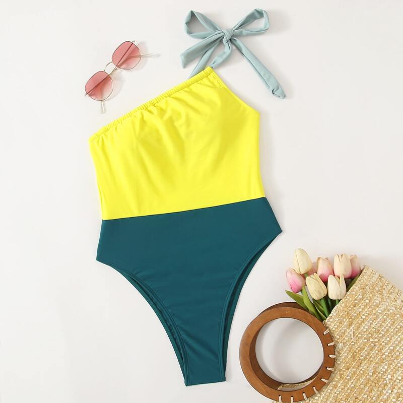 

Colorblock One Shoulder One Piece Swimsuit, Multicolor