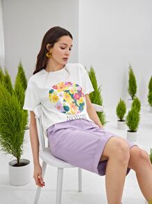 SHEIN Letter & Floral Print Tee - White - View 1