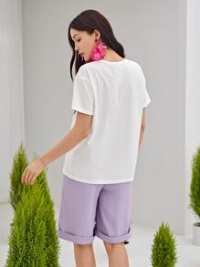 SHEIN Letter & Floral Print Tee - White - View 3