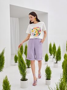 SHEIN Letter & Floral Print Tee - White - View 6