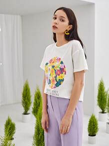SHEIN Letter & Floral Print Tee - White - View 7