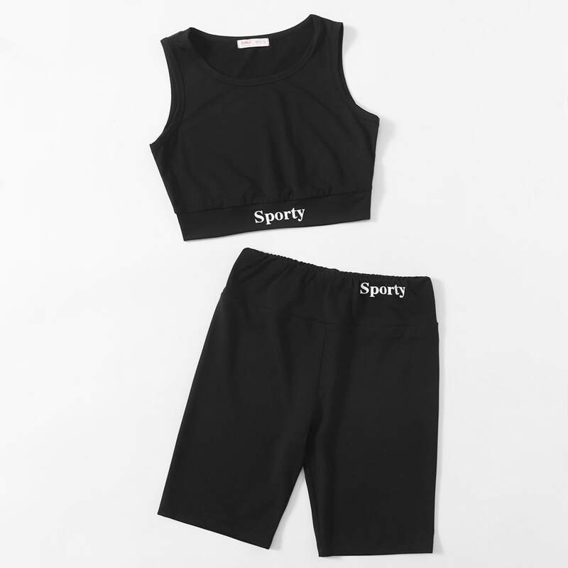 

Letter Graphic Crop Tank Top & Biker Shorts, Black