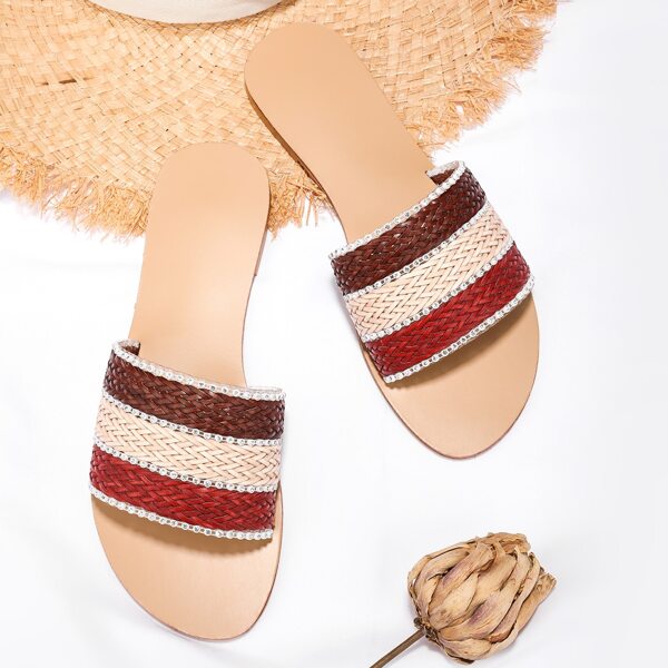 

Rhinestone Decor Straw Slide Sandals, Multicolor