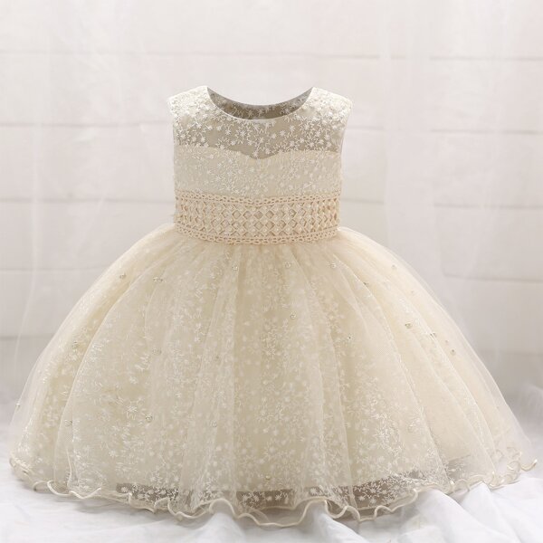 

Baby Girl Pearls Beaded Embroidered Mesh Prom Dress, Beige
