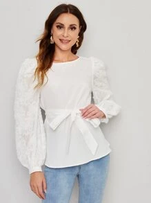 SHEIN Bishop Sleeve Self Belted Top - White - View 1