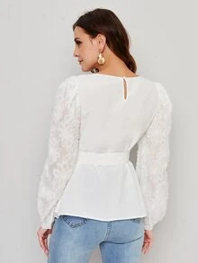 SHEIN Bishop Sleeve Self Belted Top - White - View 2