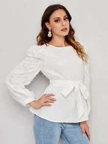 SHEIN Bishop Sleeve Self Belted Top - White - View 3