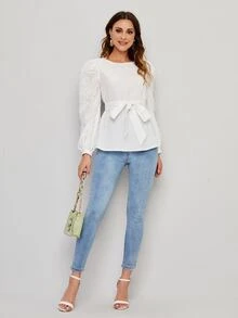 SHEIN Bishop Sleeve Self Belted Top - White - View 4