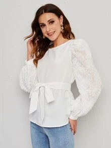 SHEIN Bishop Sleeve Self Belted Top - White - View 5