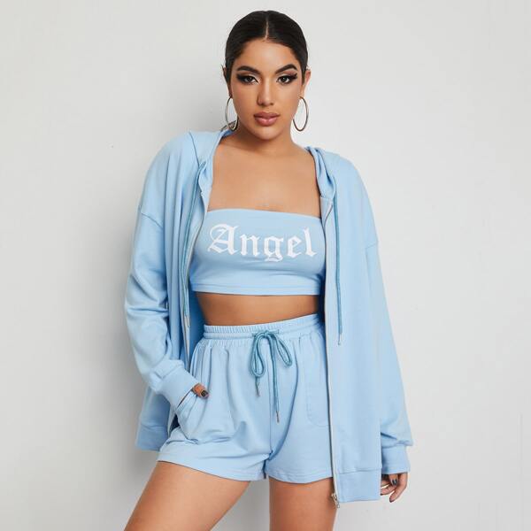 

Letter Graphic Tube Top & Track Shorts Set With Hoodie, Baby blue