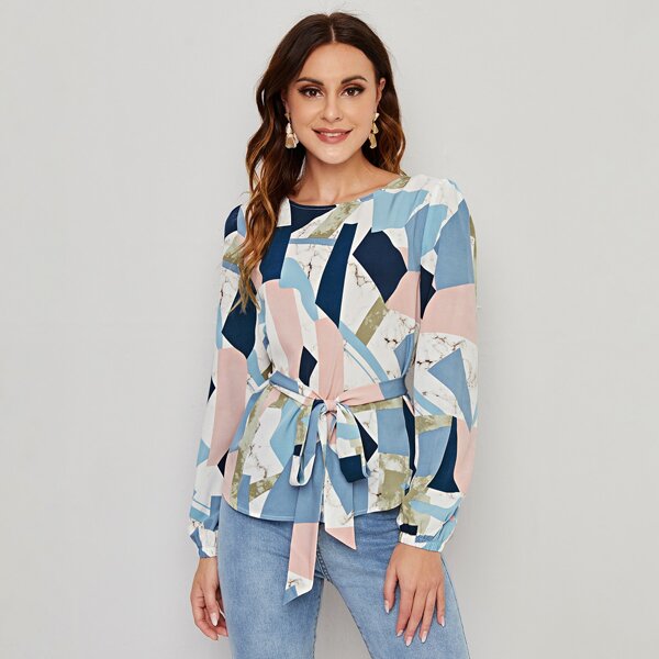 

Bishop Sleeve Self Belted Geo Print Top, Multicolor